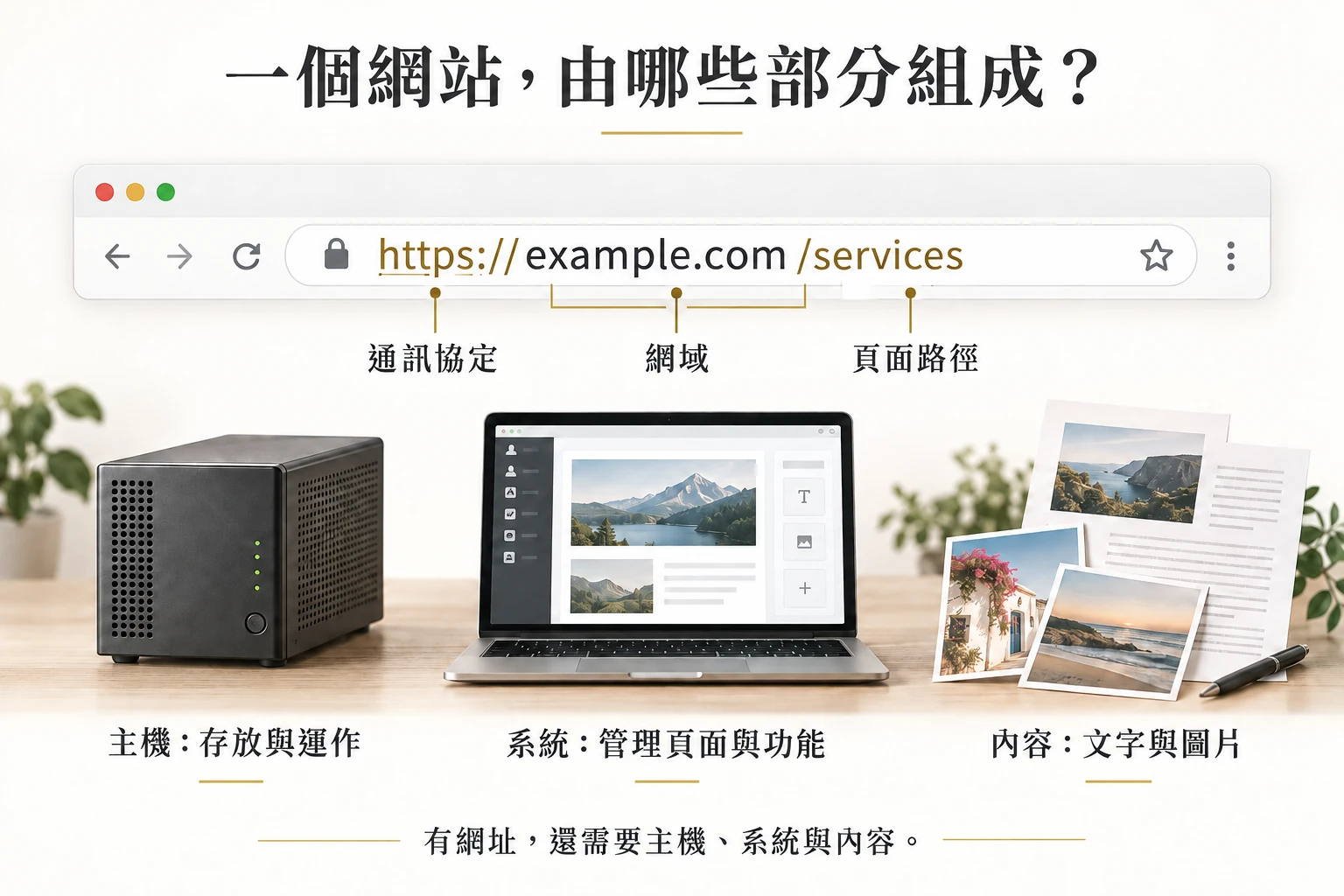 網址示意:https 是通訊協定、example.com 是網域、services 是頁面路徑;網站另需要主機、網站系統與內容。