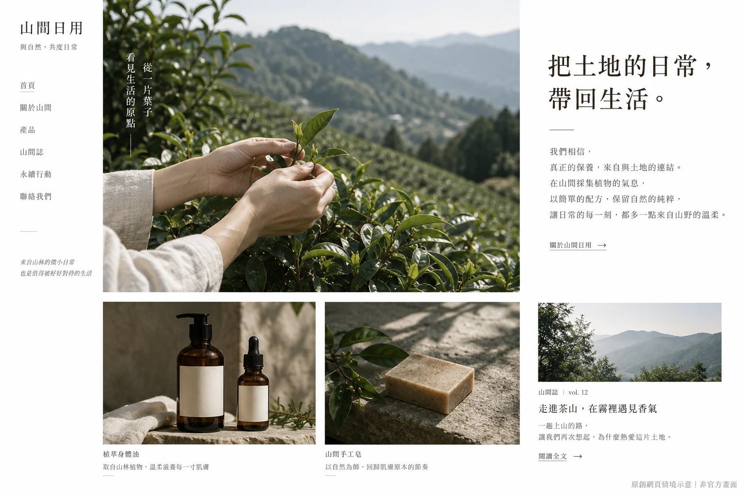 AI 原創品牌形象情境:茶園與採葉照片、品牌敘事及日用品展示,非官方畫面